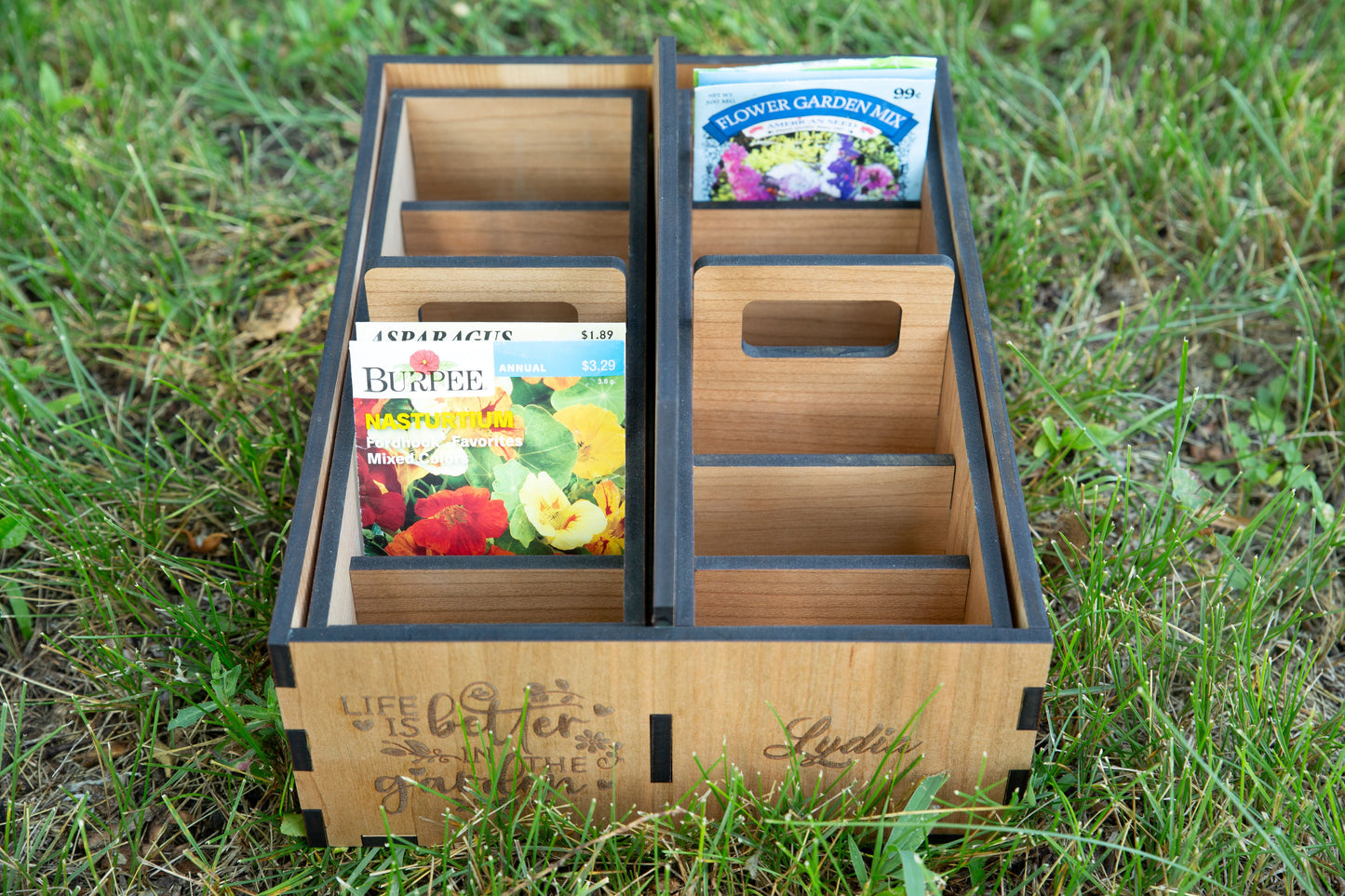 Personalized Wood Garden Caddy with Removable Seed Library Tray